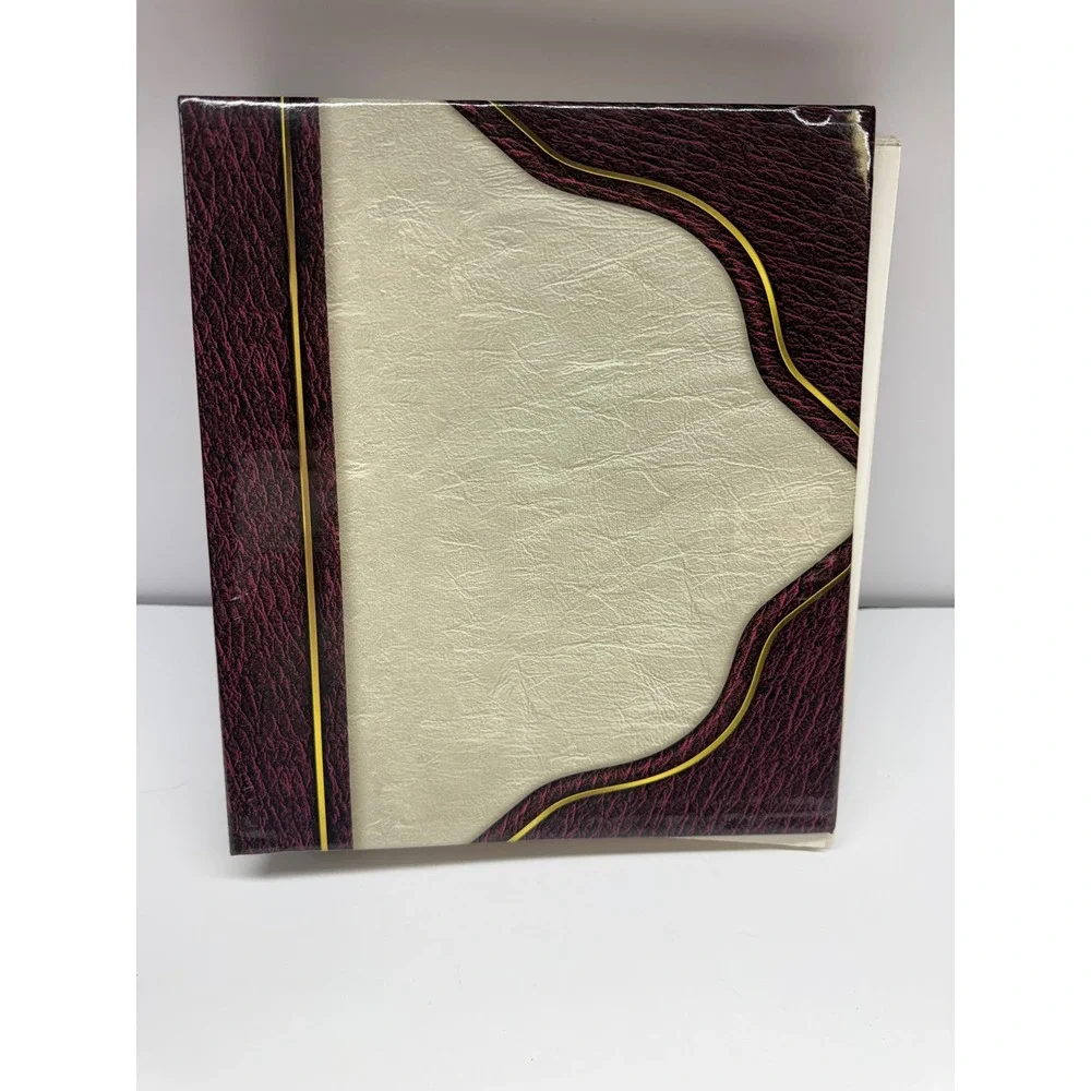 Vintage 3 Ring Binder Photo Album Burgundy Cream Faux Leather Magnetic Pages